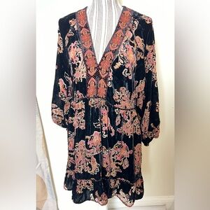 Zara Dress Large Womens Black Velvet Paisley Floral Bohemian Mini Semi Sheer
